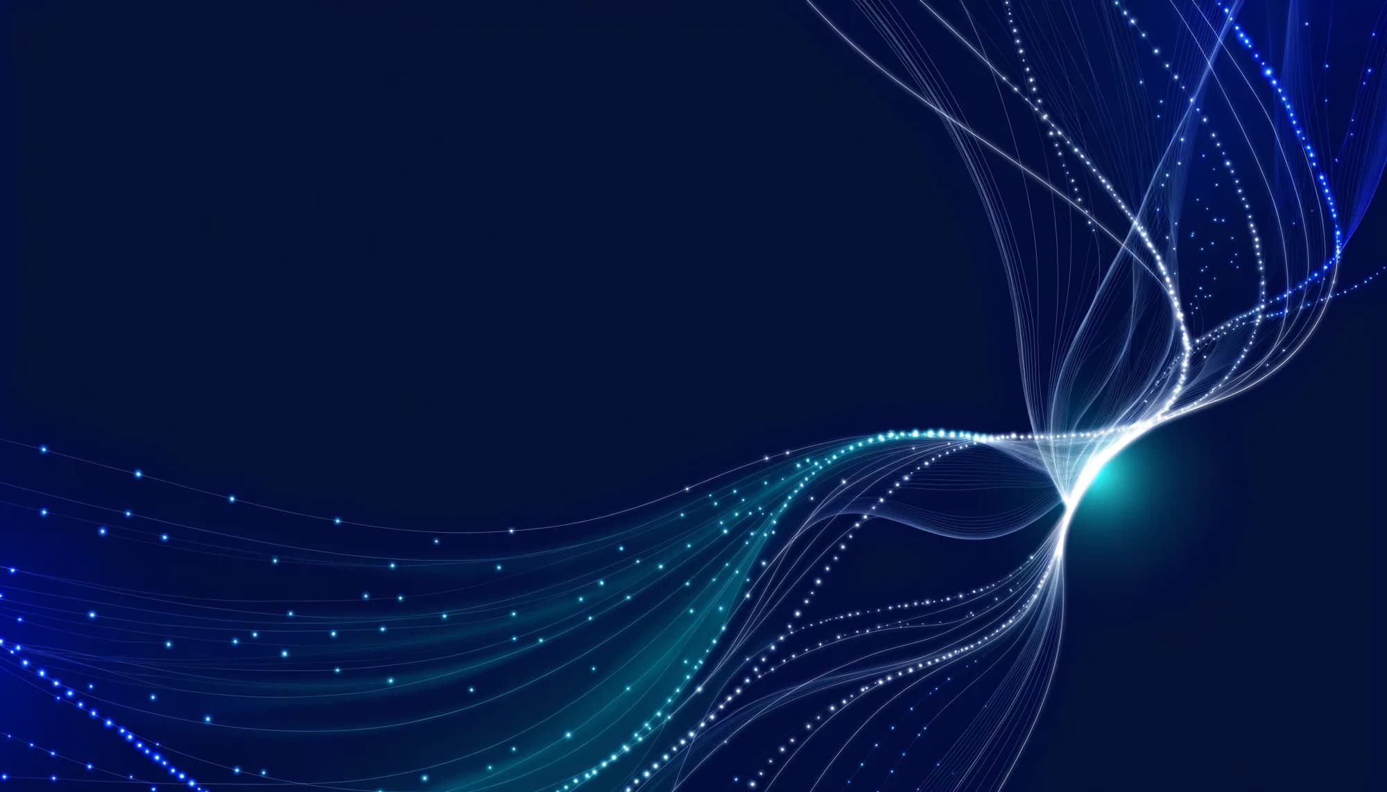 Abstract luminous signal radiating from a bright teal node into a branching blue-and-teal network on deep navy, evoking the GLP-1 hormone signaling outward from the gut to the pancreas, stomach, and brain.