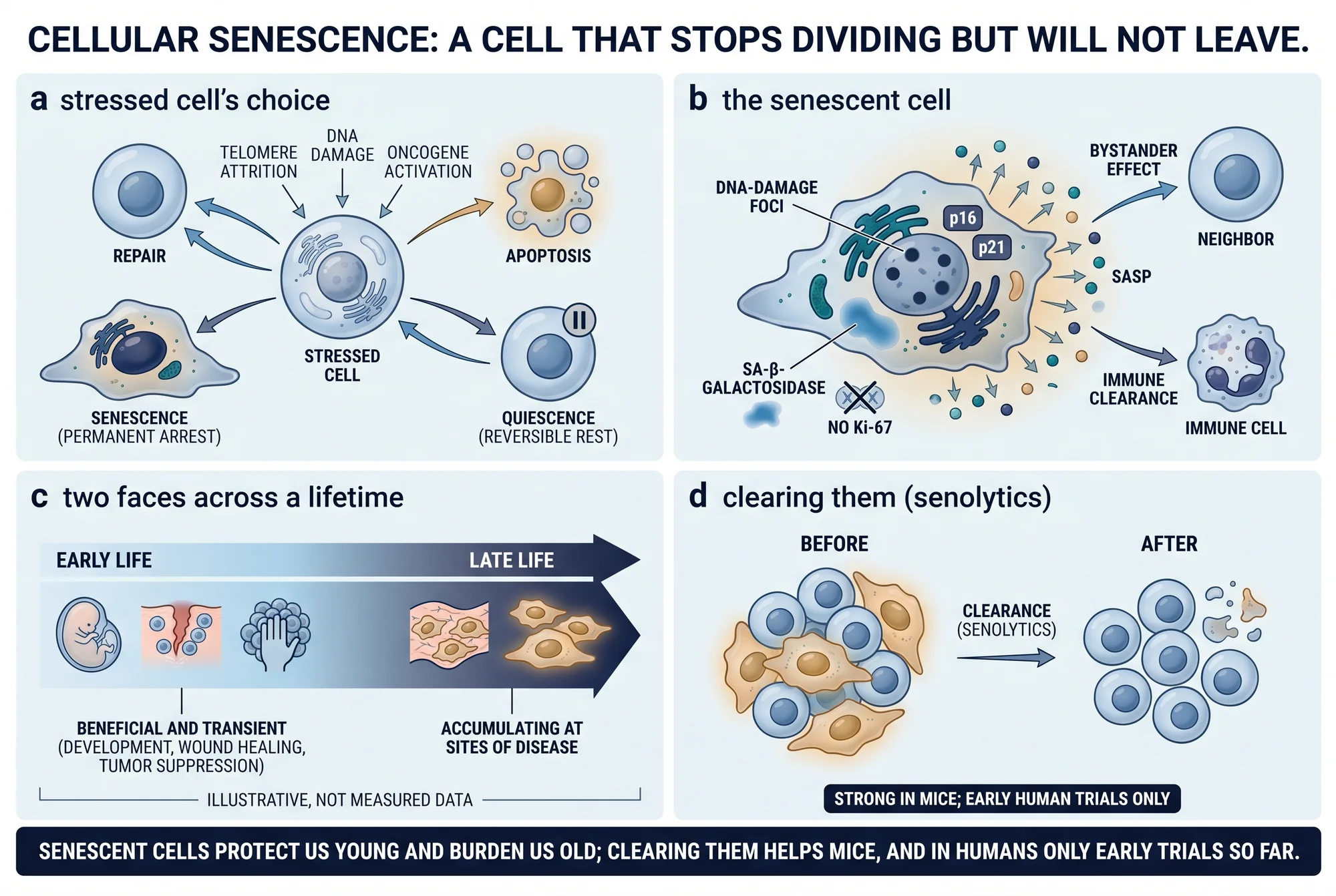 Four-panel schematic plate on cellular senescence. Panel A shows a fate choice: a dividing cell meets a trigger — shortened telomeres, an activated oncogene, or DNA-damaging stress — and branches into three outcomes, repair and continued division, apoptosis and death, or senescence, a stable arrest that survives; a reversible quiescent pause is drawn alongside for contrast. Panel B shows the senescent cell itself as one enlarged, flattened cell labelled with its markers — raised p16 and p21, senescence-associated beta-galactosidase, persistent DNA-damage foci, and absent proliferation marker Ki-67 — ringed by a halo of secreted SASP factors such as interleukin-6, interleukin-8, interleukin-1-alpha, chemokines, growth factors, and matrix proteases, with one arrow turning a neighbouring cell senescent and another recruiting an immune cell. Panel C shows two faces across a lifetime: on the left, early-life senescence is transient and useful in embryonic patterning, wound healing, and tumour suppression, and is promptly cleared by the immune system; on the right, late-life senescent cells persist and accumulate at tissue and disease sites such as an atherosclerotic plaque, sustaining chronic inflammation. Panel D shows senolytics: senescent cells survive by switching off their own death programs, and senolytic drugs re-enable that death to clear them. Illustrative schematic, not to scale and not measured data.