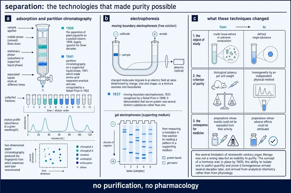 Schematic of adsorption and partition chromatography, moving-boundary and gel electrophoresis, and a table of what these separation techniques changed
