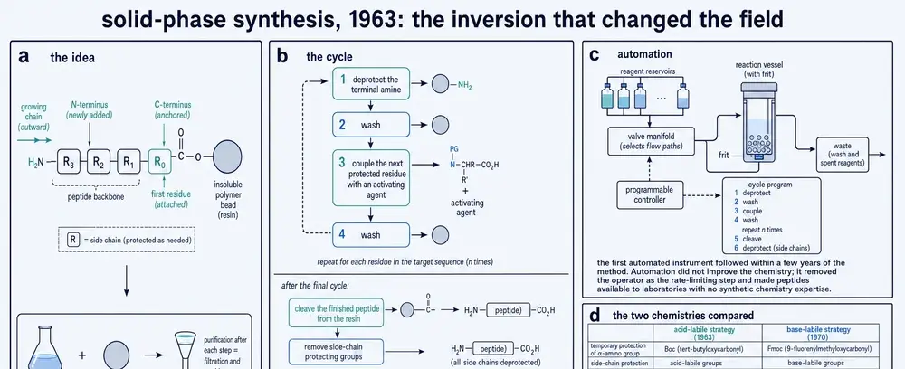 Diagram of the solid-phase synthesis concept, the four-step synthetic cycle, and the automated instrument