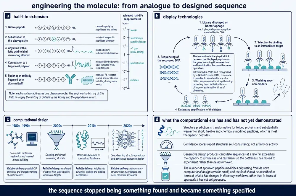 Diagram of five half-life extension strategies against achieved half-life, the phage display selection cycle, and four eras of computational design
