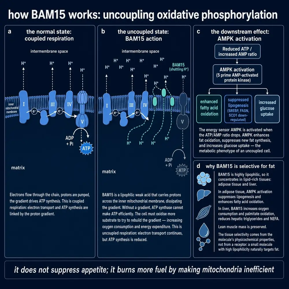 How BAM15 uncouples oxidative phosphorylation: coupled versus uncoupled respiration, AMPK downstream signalling, and tissue selectivity by lipophilicity