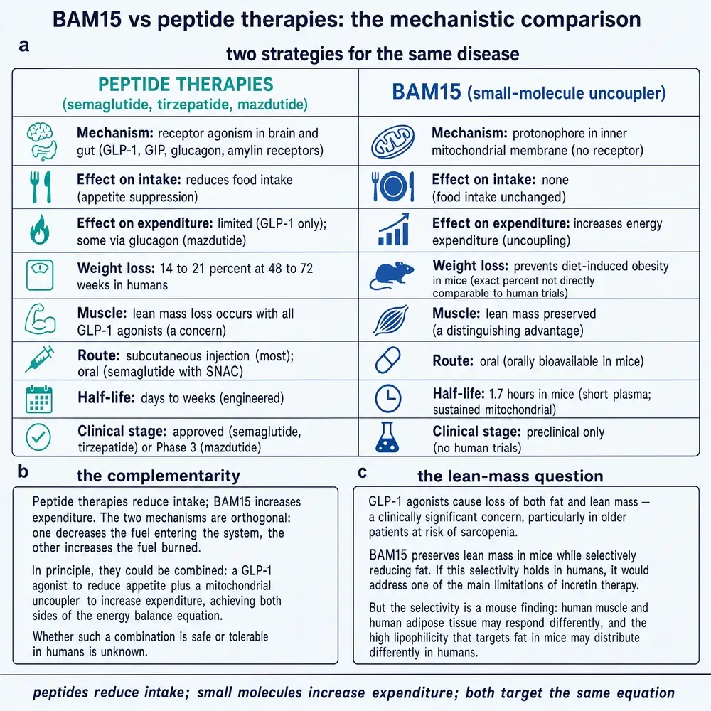 Side-by-side comparison of incretin peptide therapies and BAM15 on mechanism, intake, expenditure, muscle, route, half-life and clinical stage