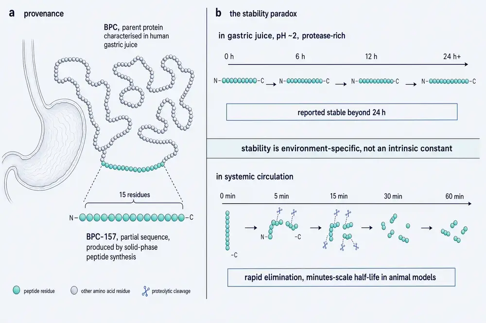 Two-part figure. Left: a parent protein chain against a faint stomach outline, with a fifteen-residue stretch highlighted and pulled out as BPC-157. Right: two time-tracks, one showing the peptide intact beyond twenty-four hours in gastric juice, the other showing it cleaved into fragments within an hour in circulation.