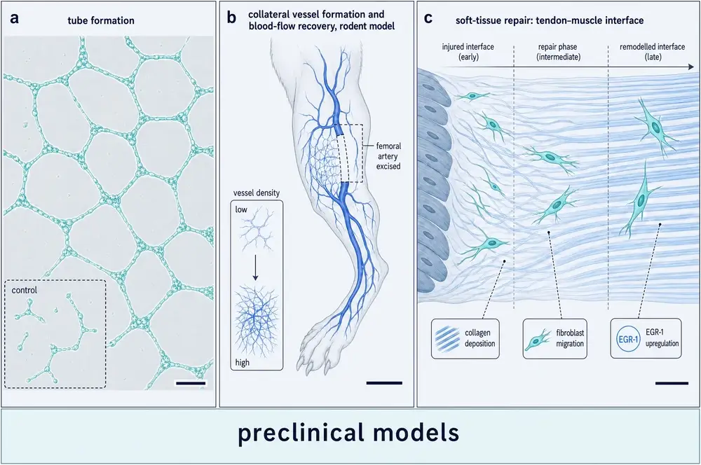 Three-panel tissue-scale figure: an endothelial tube-formation assay with a sparse control inset; a rodent hind limb with the femoral artery excised and collateral microvessels bridging the gap; and a tendon-muscle interface remodelling from injured to aligned, with fibroblasts migrating along collagen fibres.