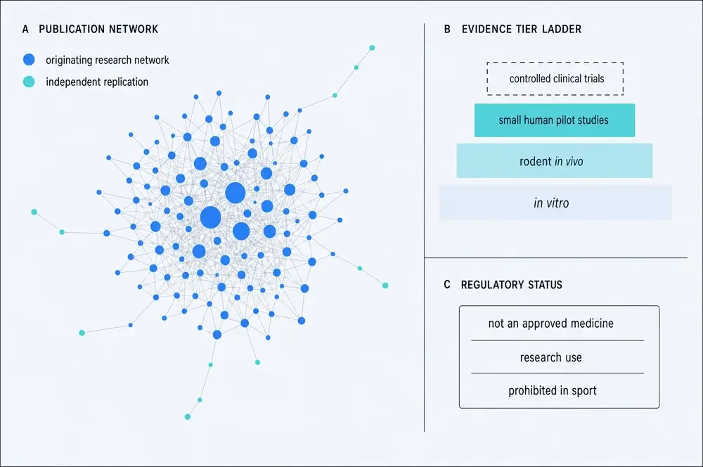 Editorial data plate in three parts: a force-directed publication network with one dense central cluster and sparse peripheral nodes; an evidence-tier ladder whose top rung, controlled clinical trials, is an empty dashed outline; and a regulatory status card reading not an approved medicine, research use, prohibited in sport.