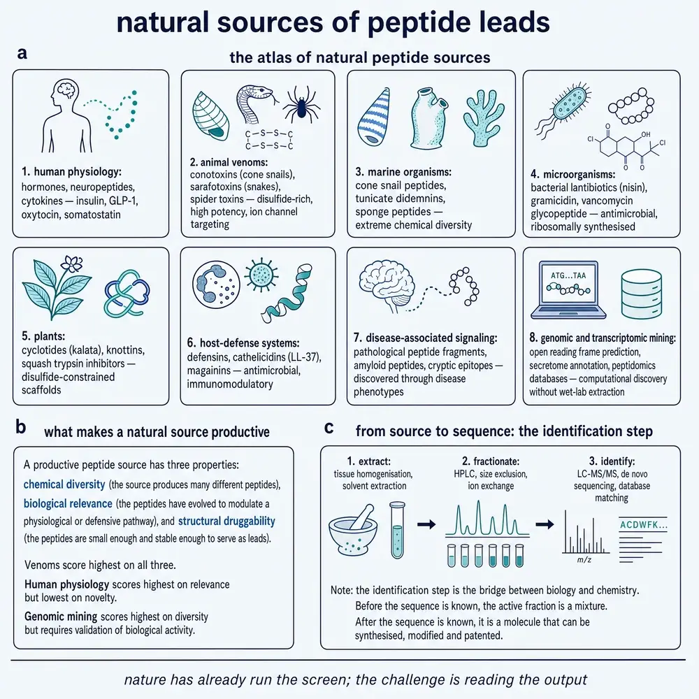Natural sources of peptide leads.