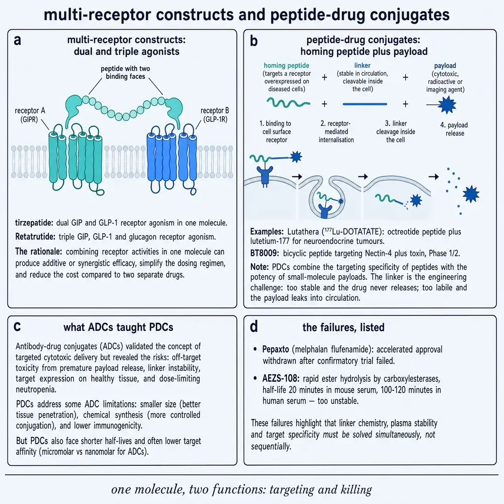 Multi-receptor constructs and peptide-drug conjugates.