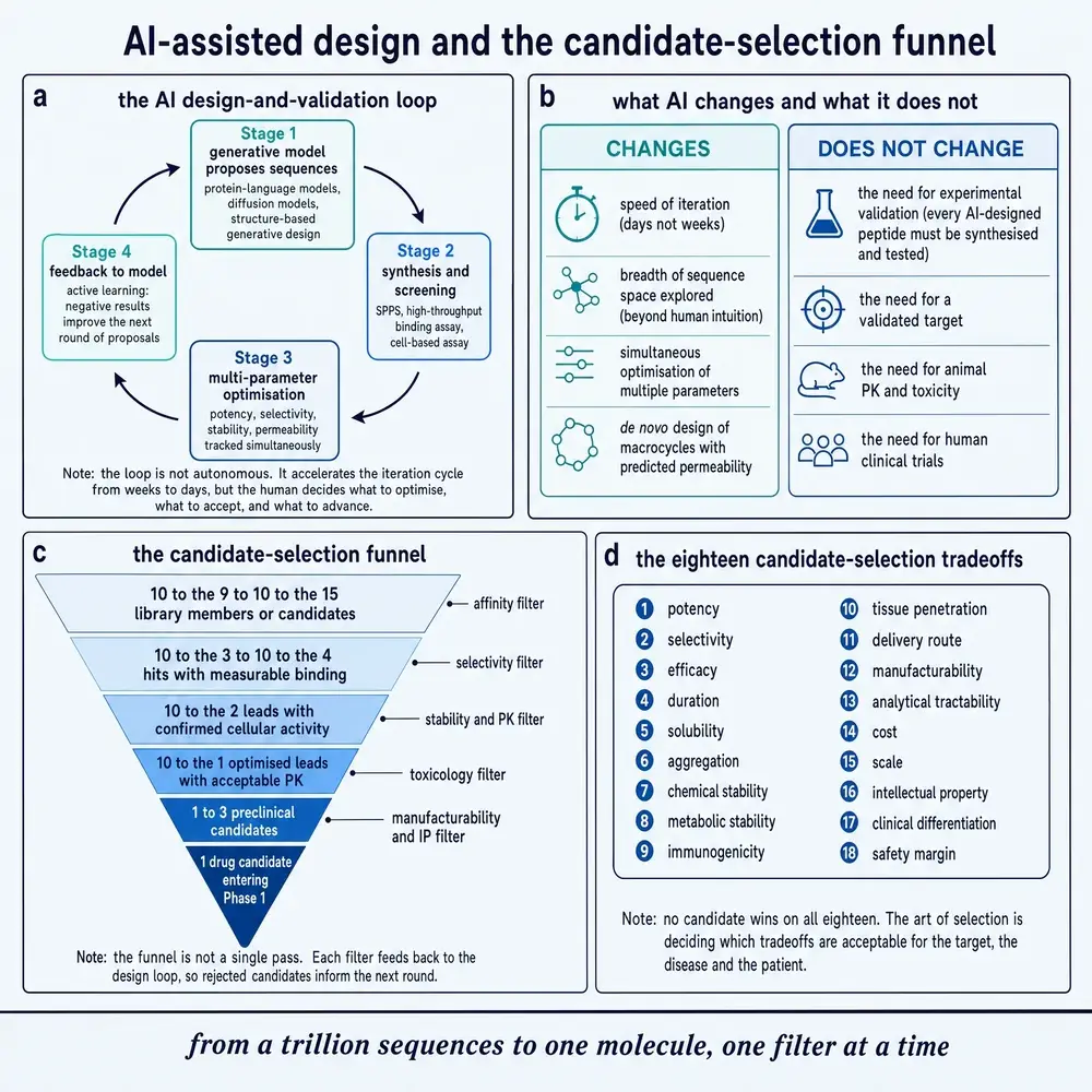 AI-assisted design and the candidate-selection funnel.