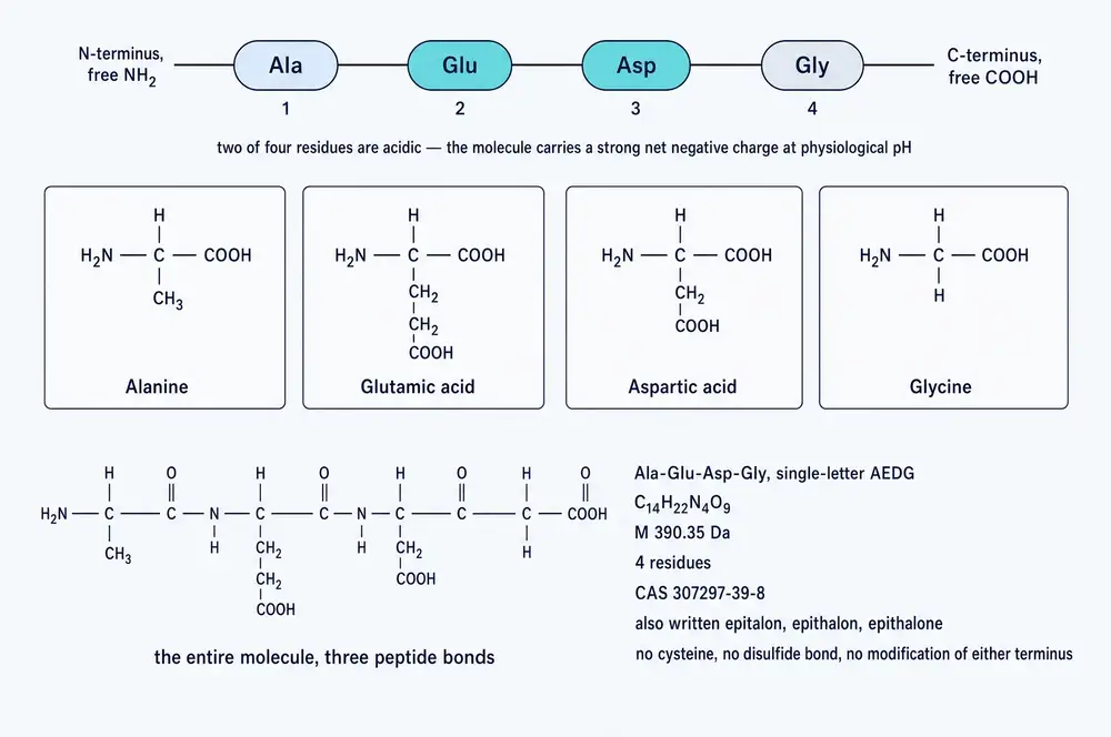 Primary structure of epitalon: the four residues, their side chains, the complete molecule and its identifiers