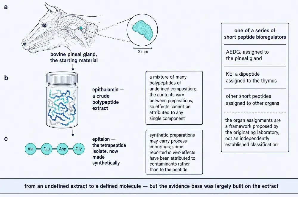 From bovine pineal gland to crude extract to the defined tetrapeptide