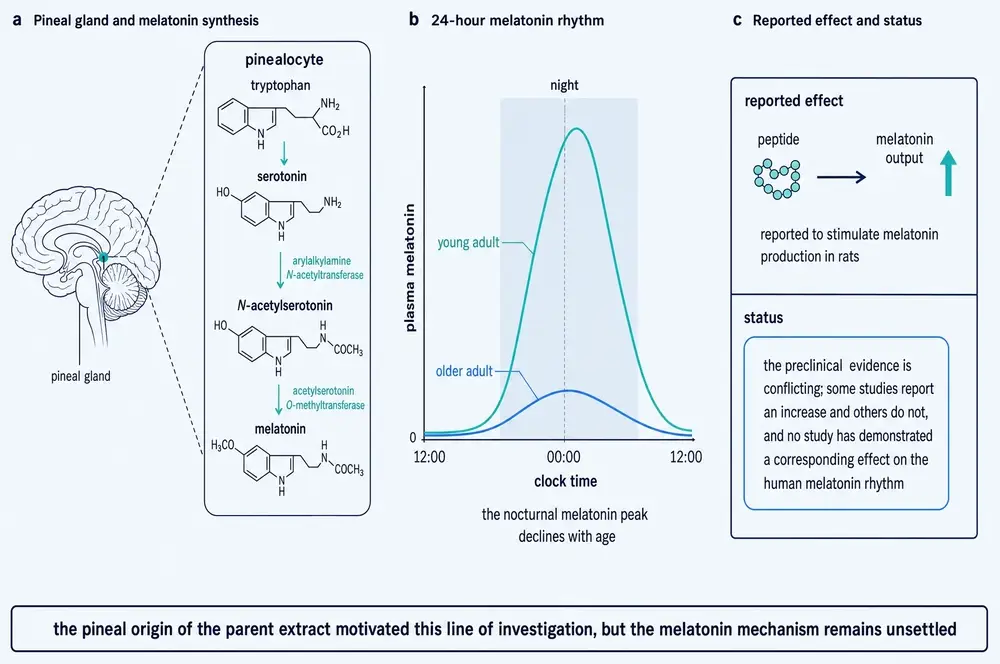 Melatonin biosynthesis, the age-related fall in the nocturnal peak, and the status of the reported effect