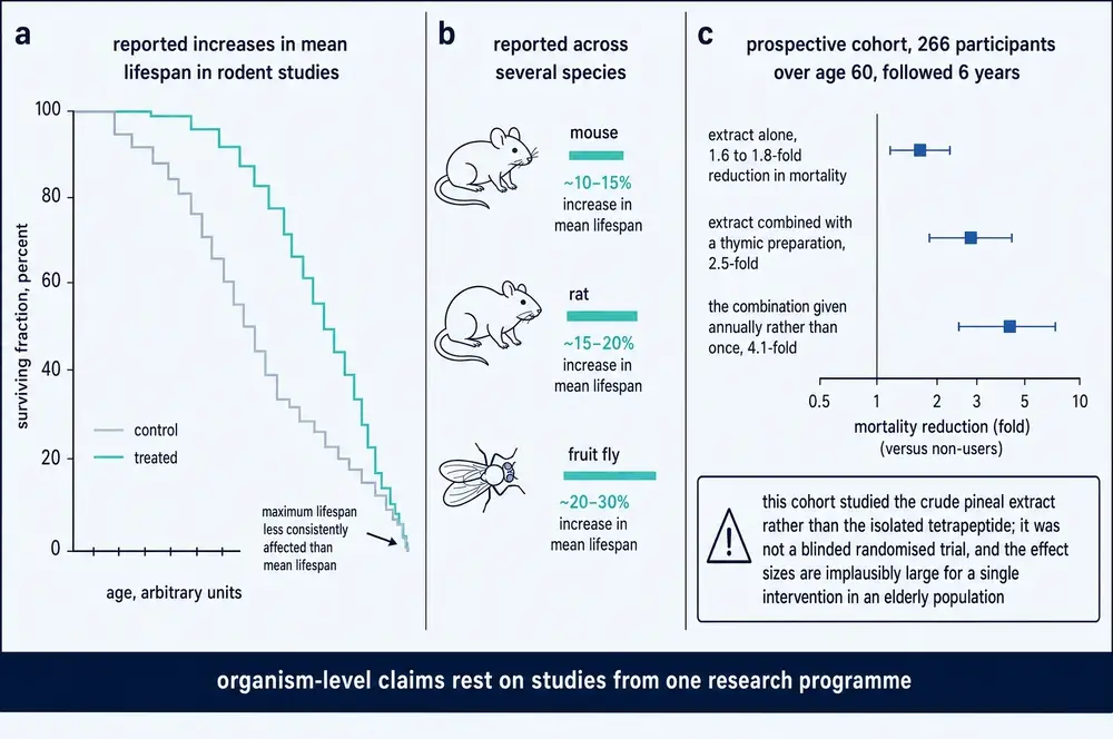Rodent survival curves, reported lifespan increases by species, and the 266-participant human cohort