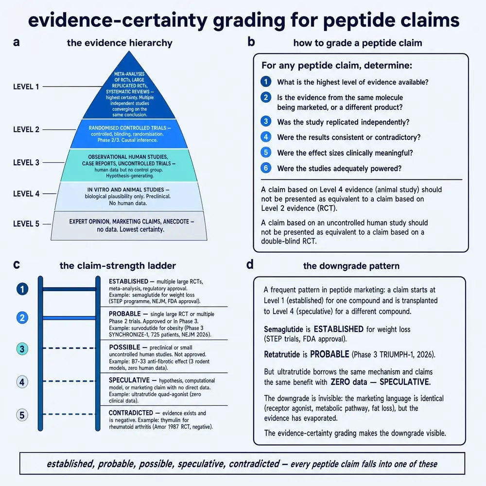 Evidence-certainty grading for peptide claims.