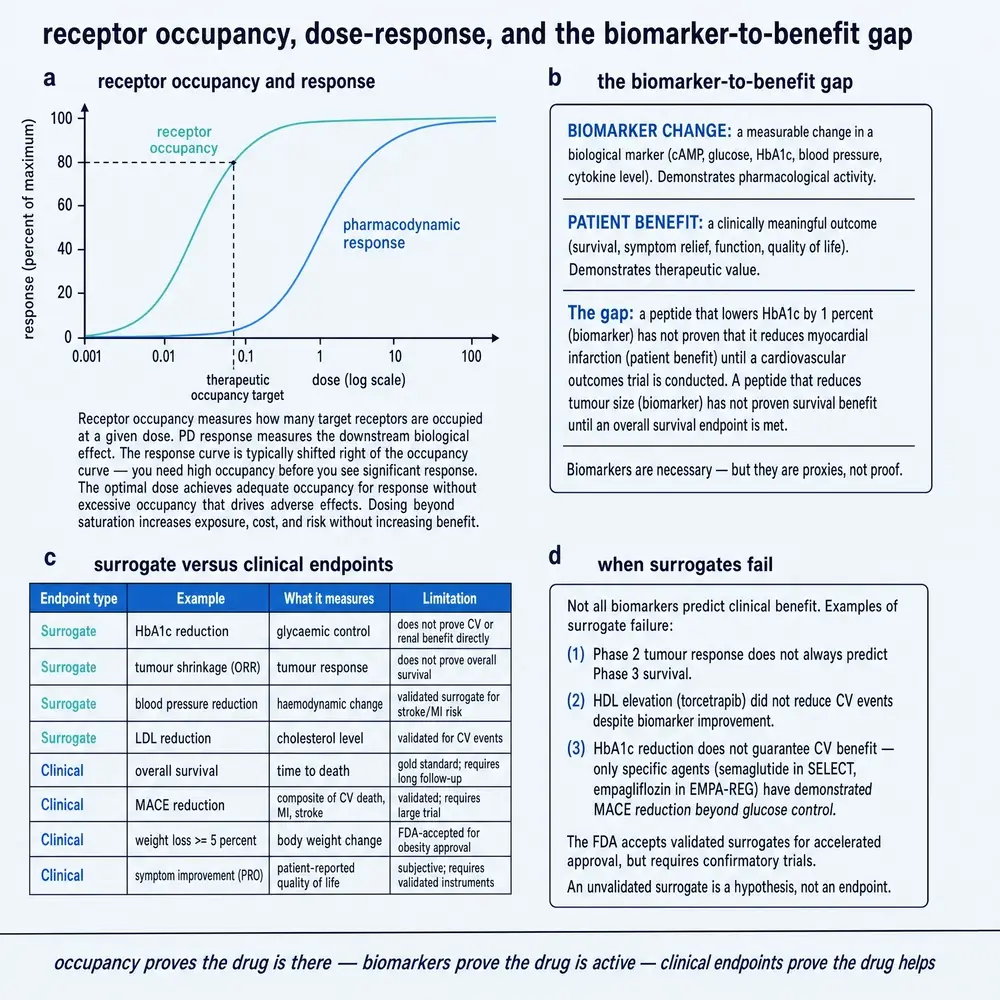 Receptor occupancy, dose-response, and the biomarker-to-benefit gap.
