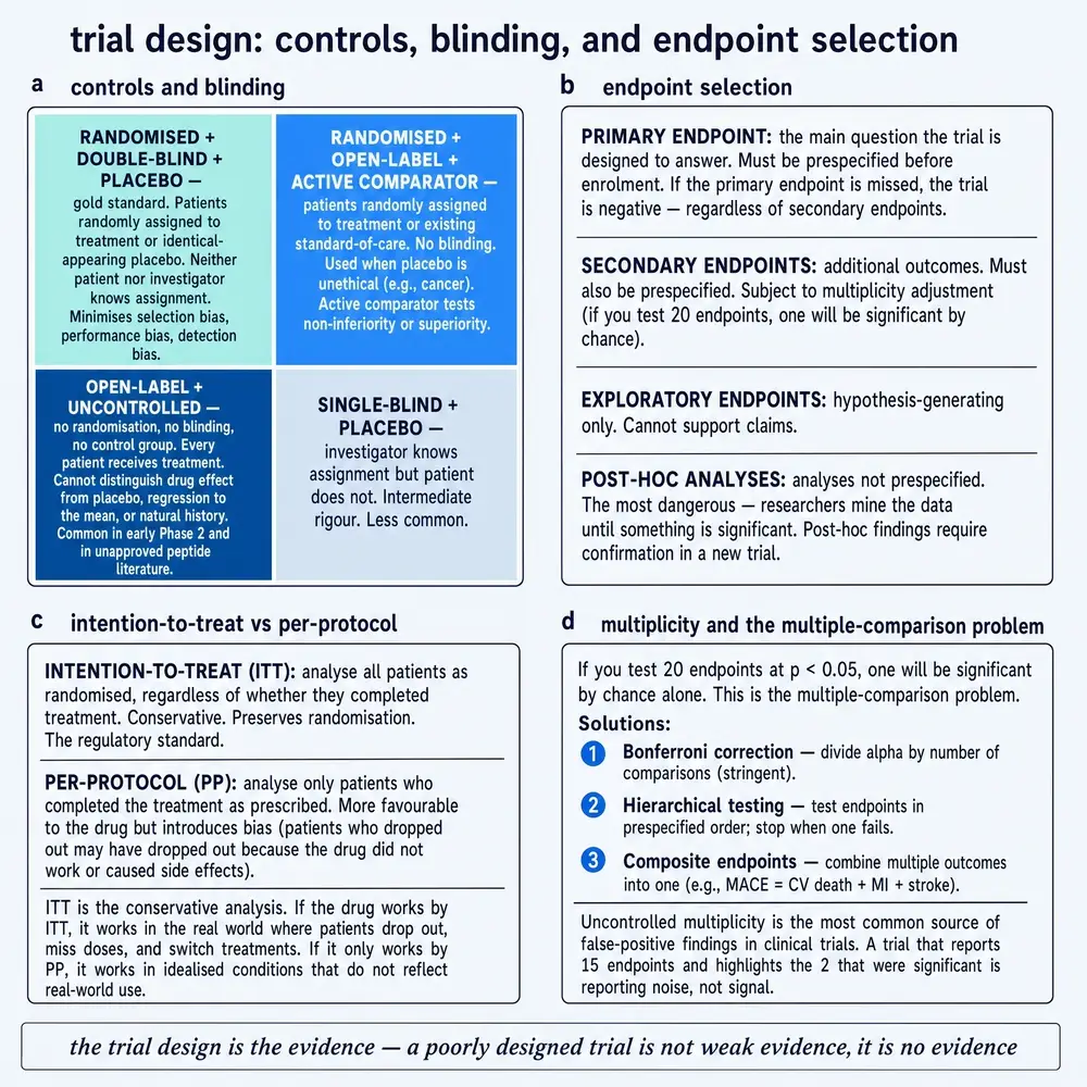 Trial design: controls, blinding, and endpoint selection.