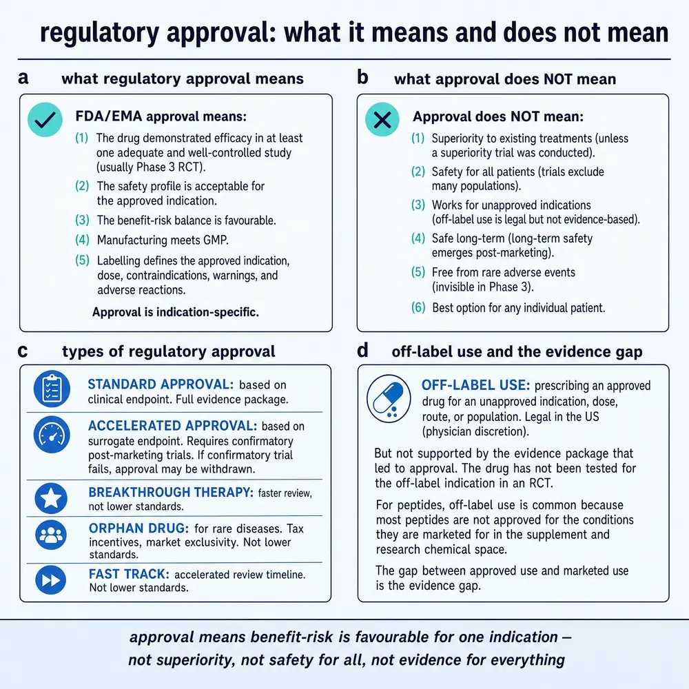 Regulatory approval: what it means and does not mean.
