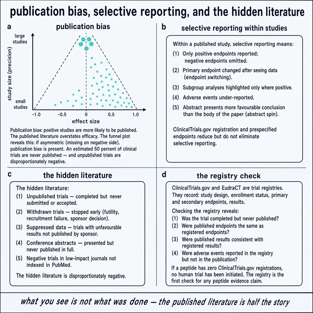 Publication bias, selective reporting, and the hidden literature.