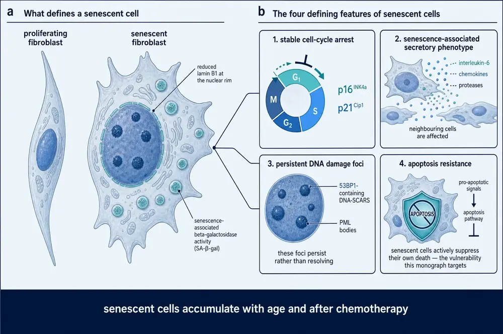 Two-panel diagram. Panel a, a slender proliferating fibroblast beside an enlarged flattened senescent fibroblast with an expanded nucleus, prominent lysosomes and reduced lamin B1 at the nuclear rim. Panel b, four boxes describing stable cell-cycle arrest, the senescence-associated secretory phenotype, persistent DNA damage foci, and apoptosis resistance.
