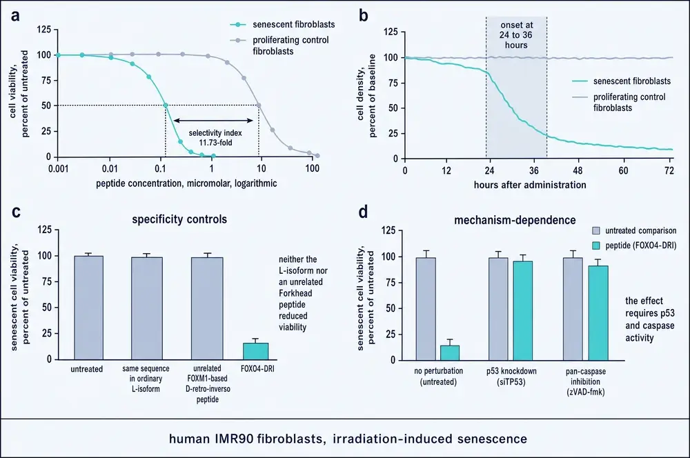 Four-panel figure. Panel a, dose-response viability curves for senescent and proliferating fibroblasts separated by about one order of magnitude, marked as an 11.73-fold selectivity index. Panel b, real-time cell density showing senescent cells falling between 24 and 36 hours while controls stay flat to 72 hours. Panel c, bar chart of specificity controls. Panel d, bar chart showing p53 knockdown and pan-caspase inhibition each abolishing the effect.