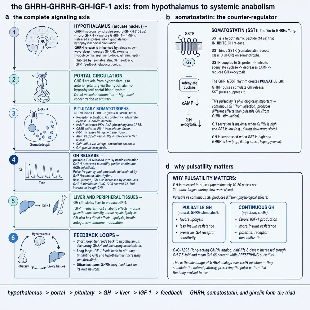 The GHRH-GHRHR-GH-IGF-1 axis from hypothalamus through portal blood, somatotroph signalling, GH release, hepatic IGF-1 and feedback, with somatostatin and pulsatility panels