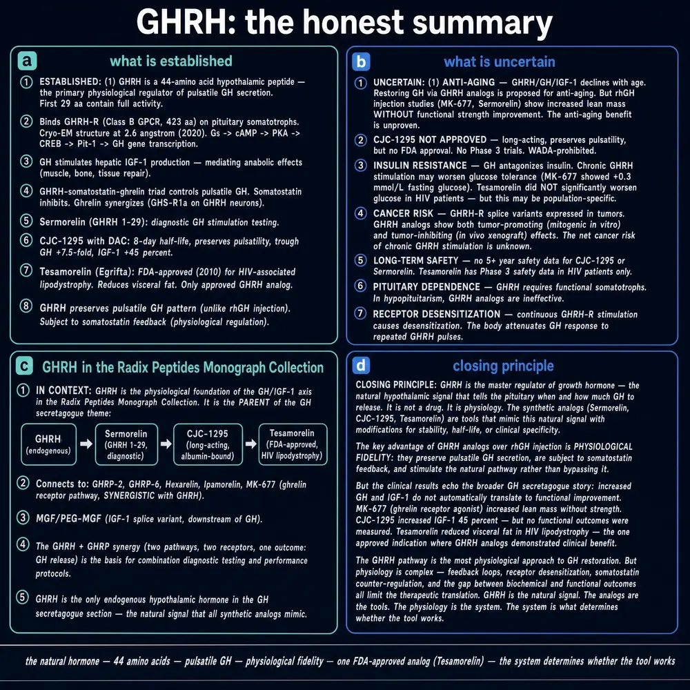 Honest summary of GHRH: established physiology and analogue facts beside open uncertainties including anti-ageing evidence gaps, CJC-1295 status, insulin resistance, cancer risk, and pituitary dependence
