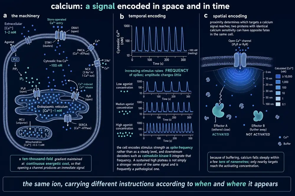 Dark-ground plate showing the calcium handling machinery of a cell, calcium spike trains encoding stimulus strength as frequency, and the steep nanodomain gradient around an open channel