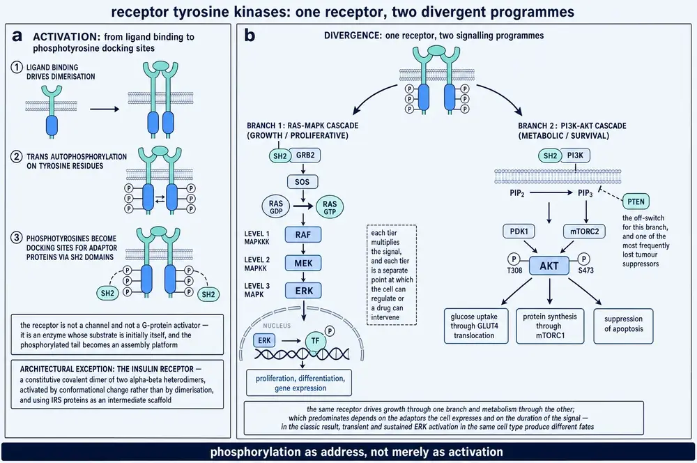 Plate showing receptor tyrosine kinase activation in three steps and the divergence of one receptor into the RAS-MAPK and PI3K-AKT programmes, with the insulin receptor named as an architectural exception