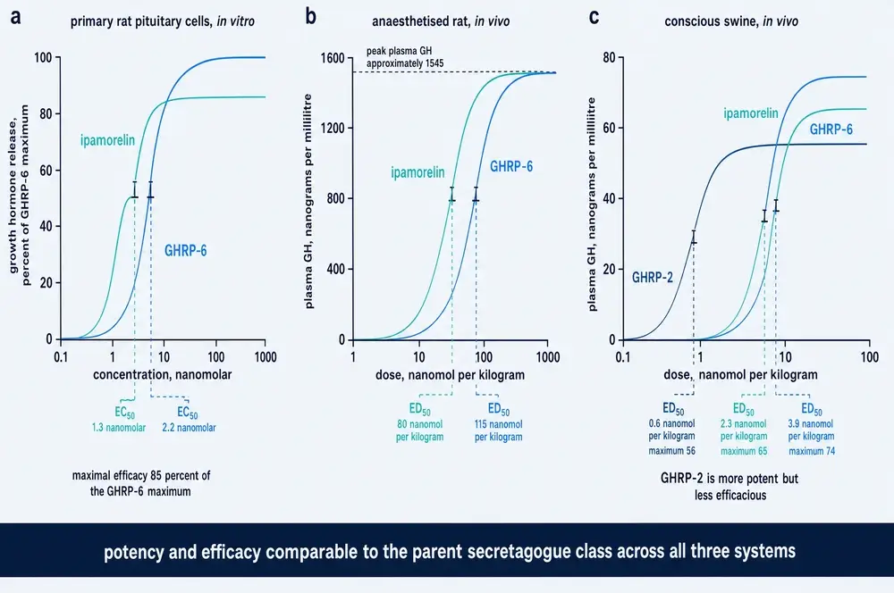 Three dose-response panels comparing ipamorelin with GHRP-6 and GHRP-2