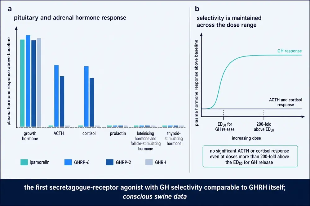 Hormone panel and dose-range selectivity for ipamorelin against GHRP-6, GHRP-2 and GHRH