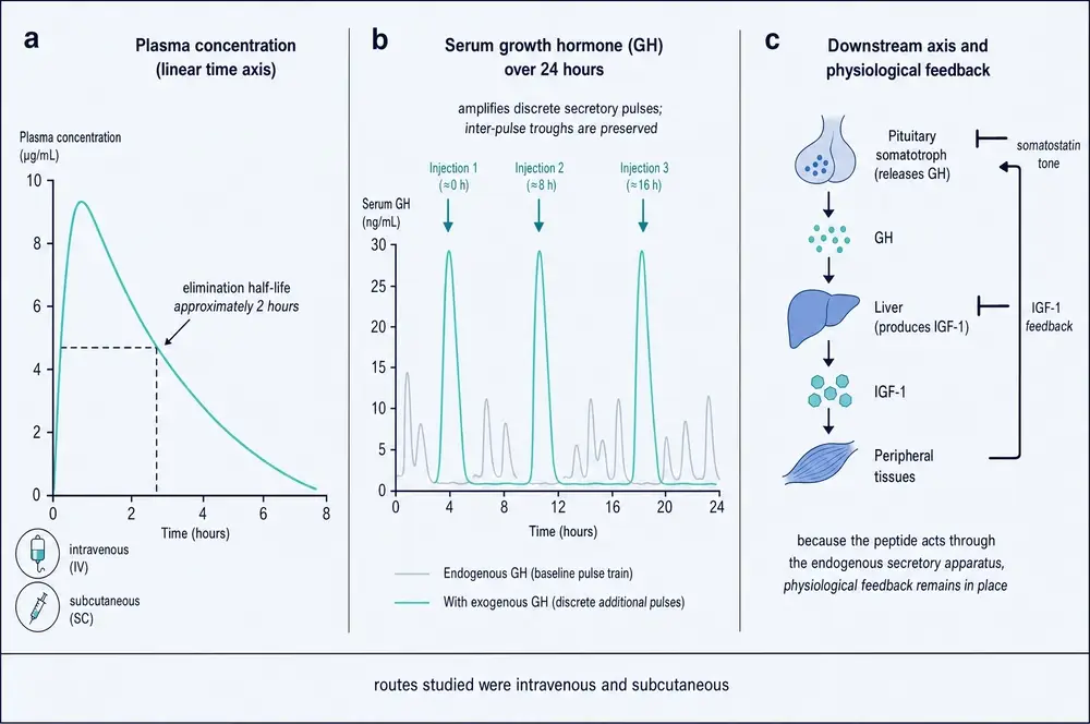 Plasma concentration curve, 24-hour growth hormone pulse train, and the downstream axis