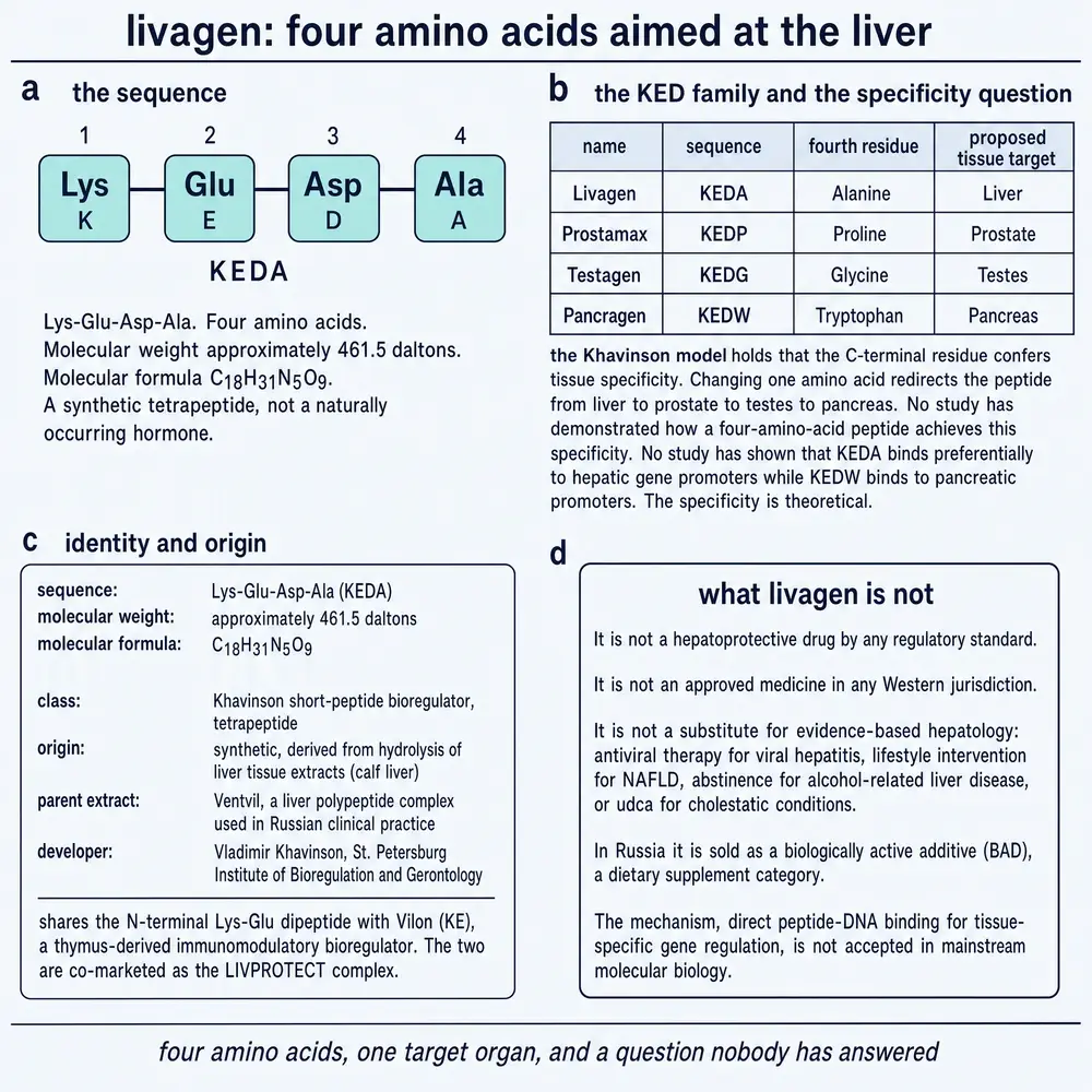 Livagen identity: KEDA sequence, KED family, origin, and what it is not