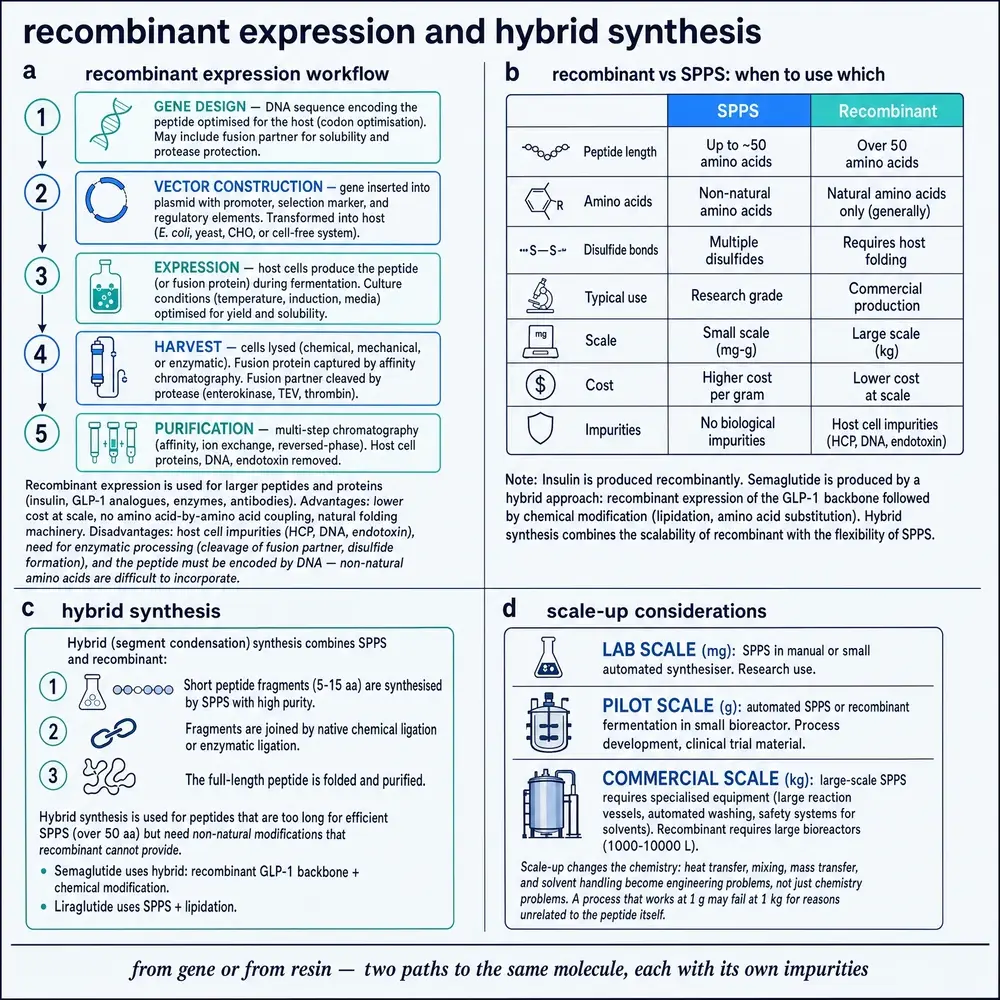Recombinant expression and hybrid synthesis.