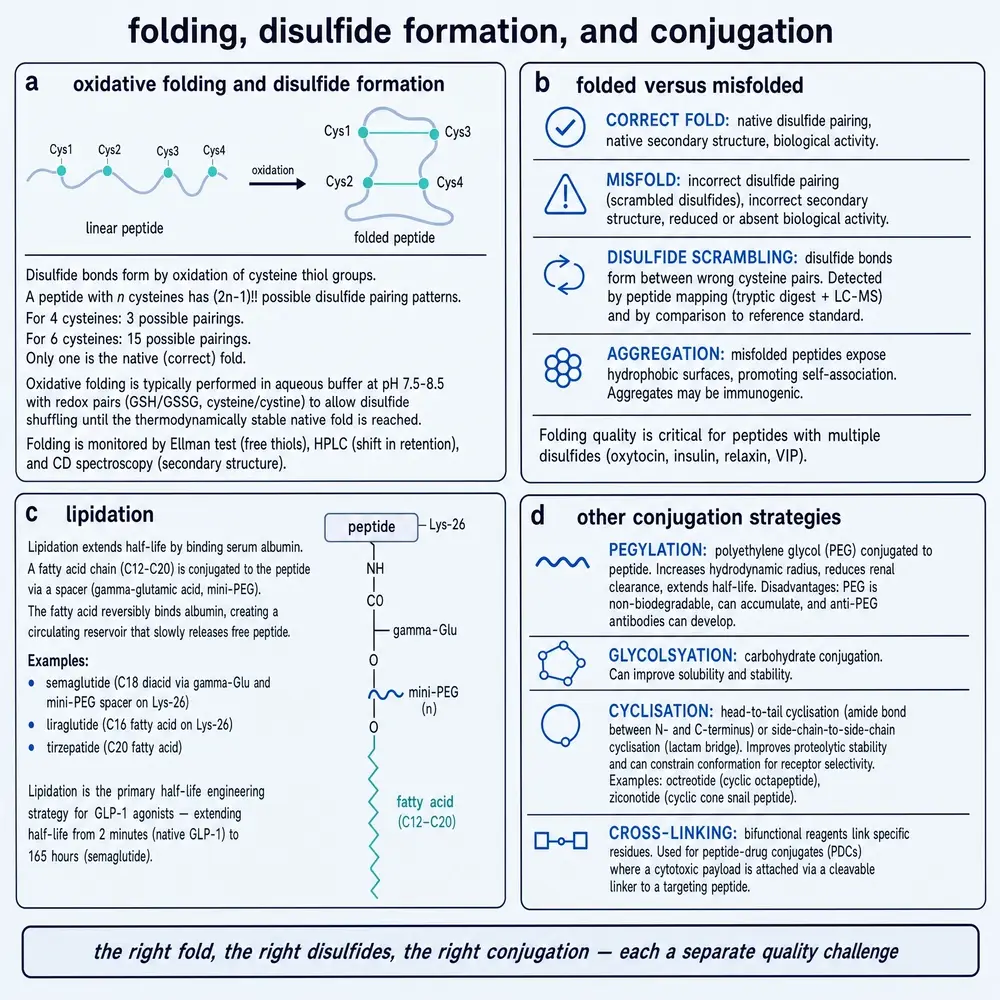 Folding, disulfide formation, and conjugation.