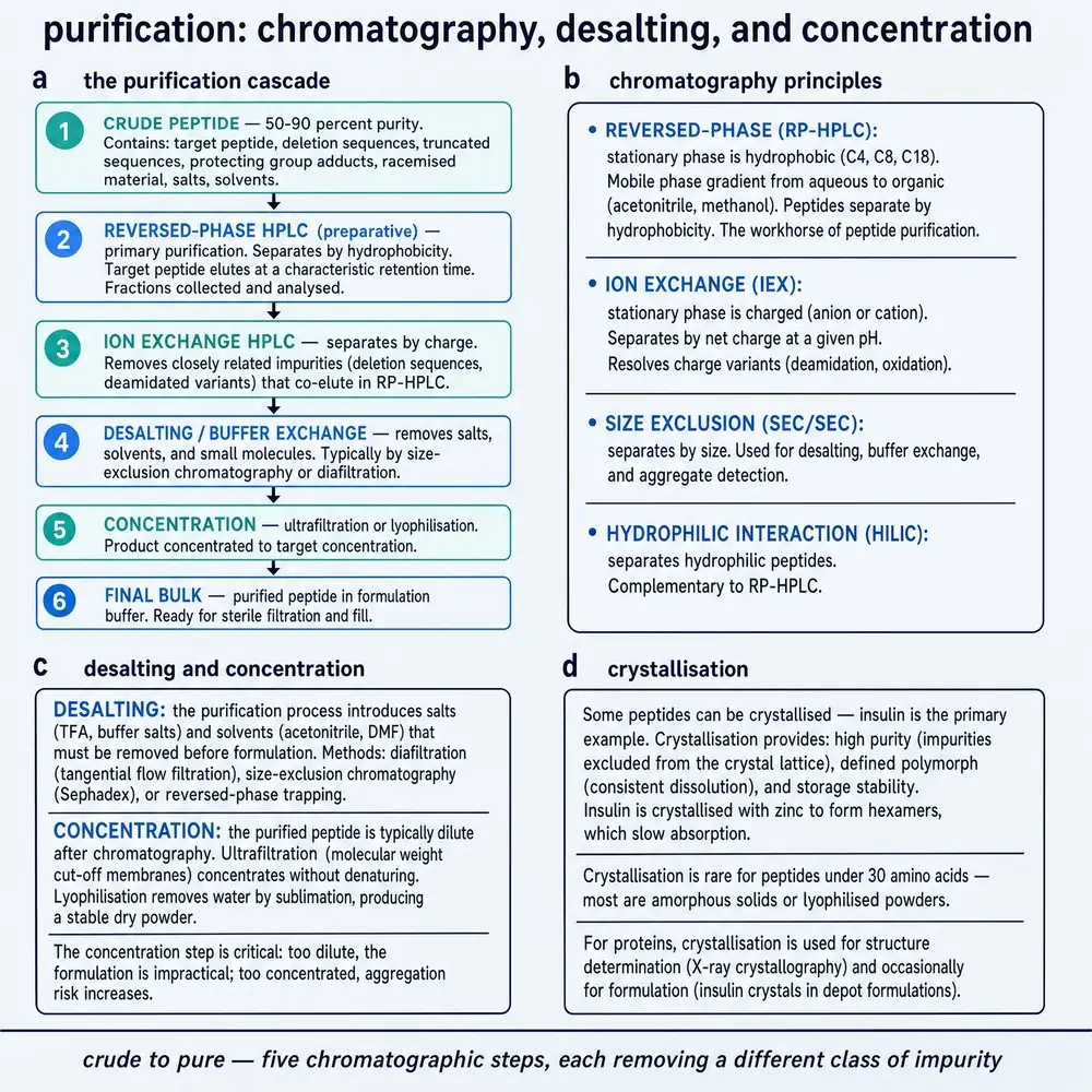 Purification: chromatography, desalting, and concentration.