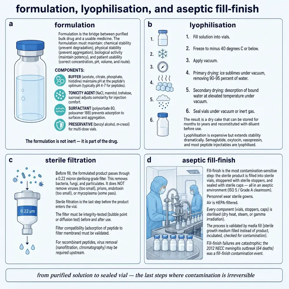 Formulation, lyophilisation, and aseptic fill-finish.