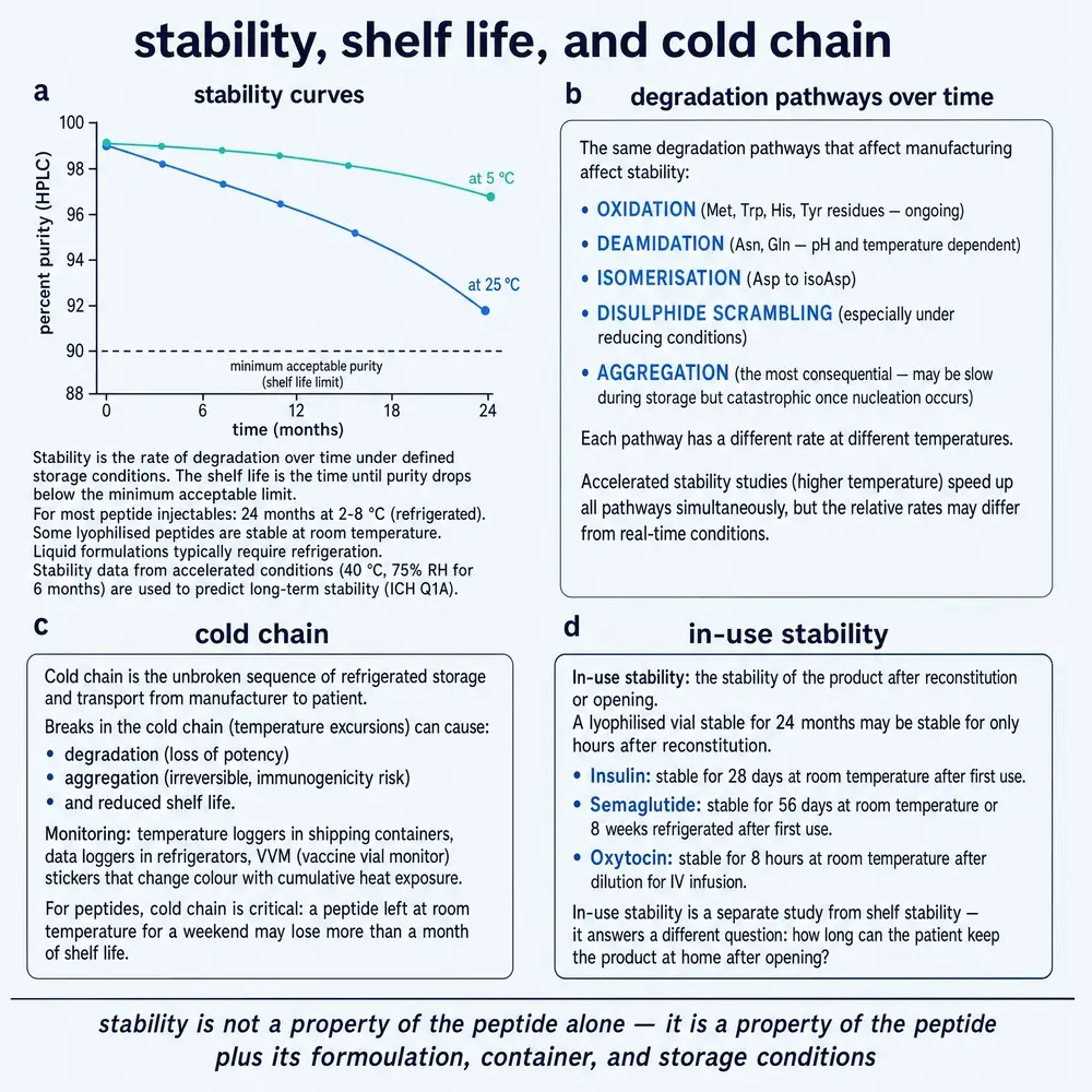 Stability, shelf life, and cold chain.