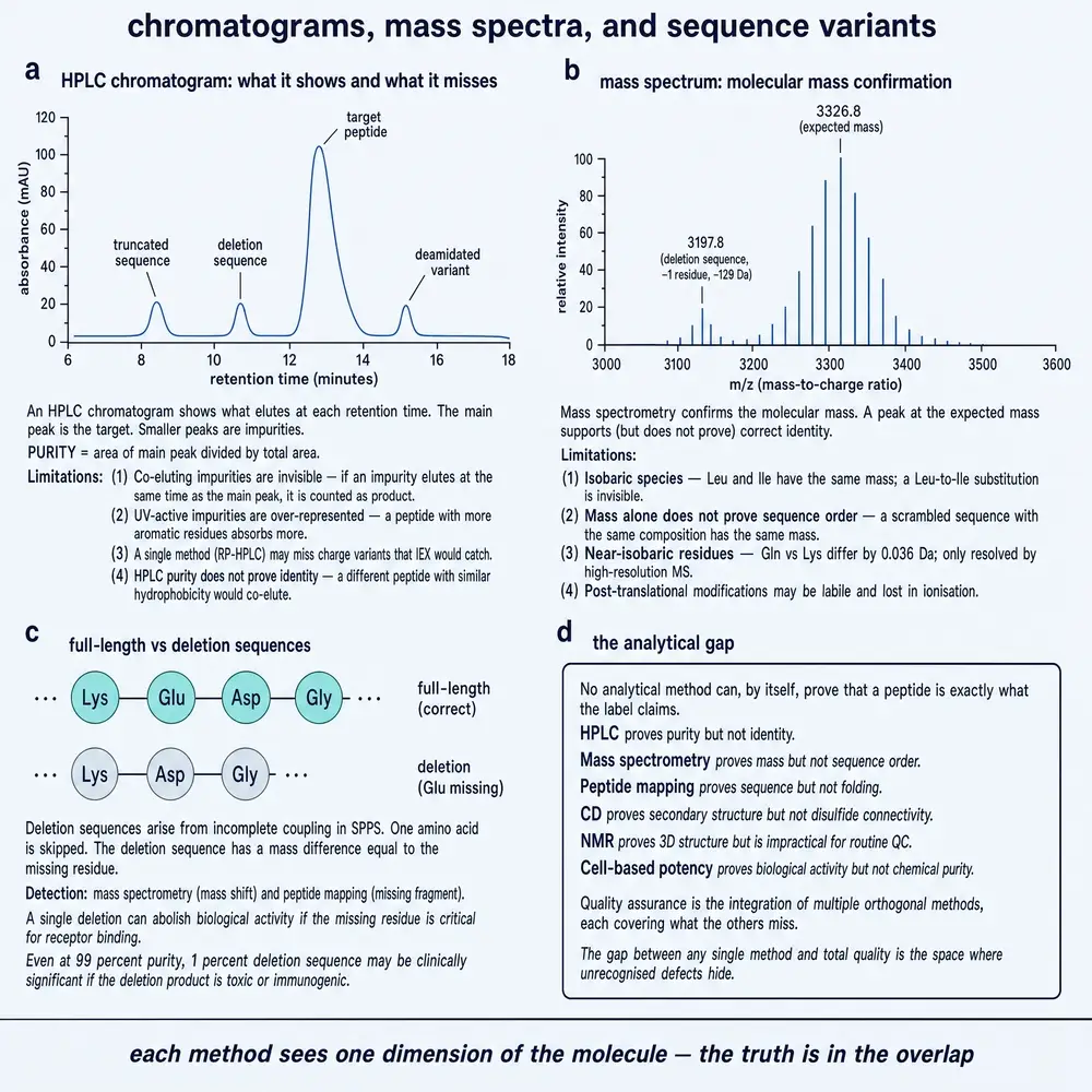 Chromatograms, mass spectra, and sequence variants.