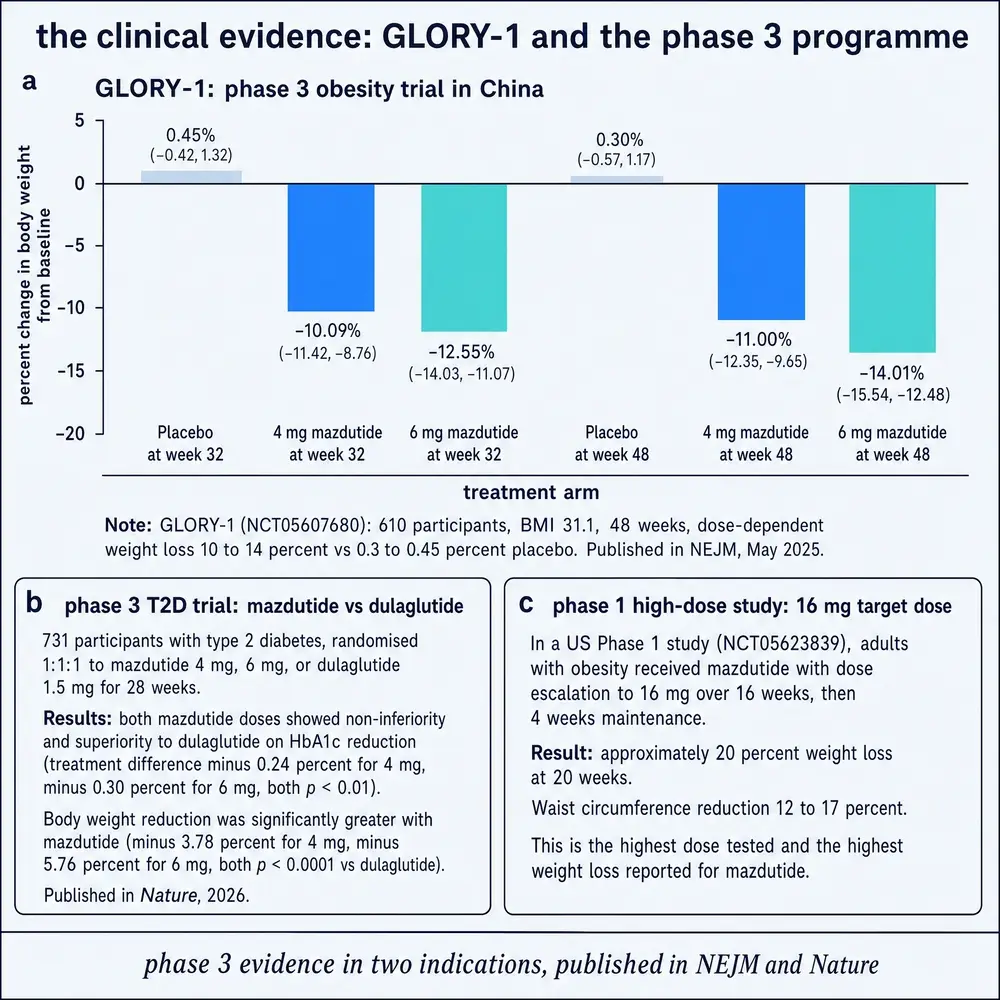 GLORY-1 phase 3 obesity results at weeks 32 and 48, a type 2 diabetes phase 3 comparison with dulaglutide, and a phase 1 high-dose 16 mg study
