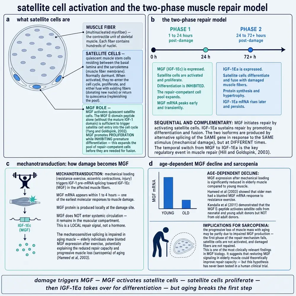 Satellite cell activation, two-phase muscle repair, mechanotransduction, and age-blunted MGF response