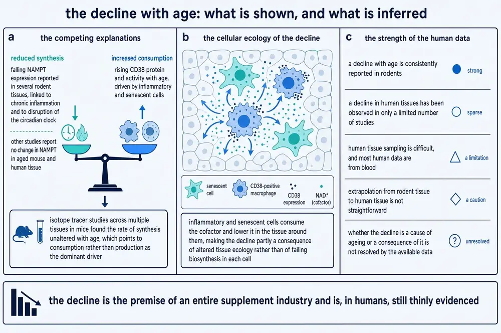 Competing explanations for the decline, its cellular ecology, and the strength of human data