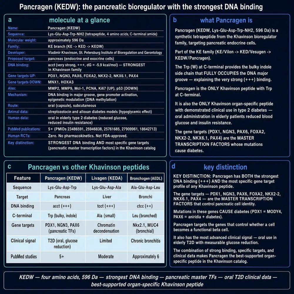 Pancragen identity: KEDW amide, gene panel, KE-family comparison