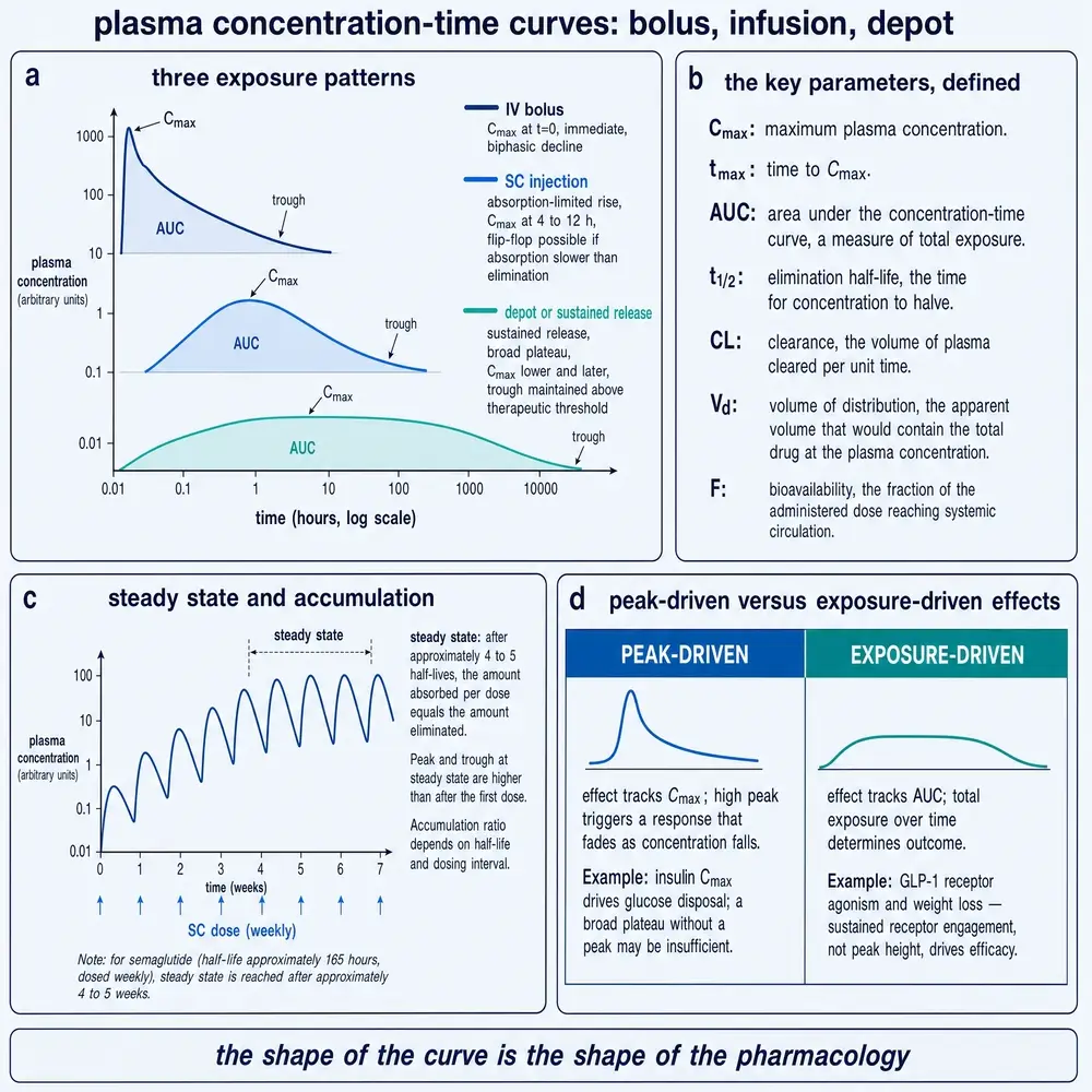 Plasma concentration-time curves: bolus, infusion, depot