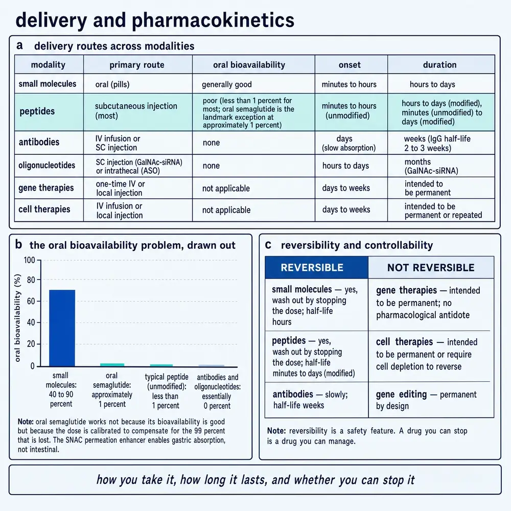 Delivery routes and pharmacokinetic comparison across modalities