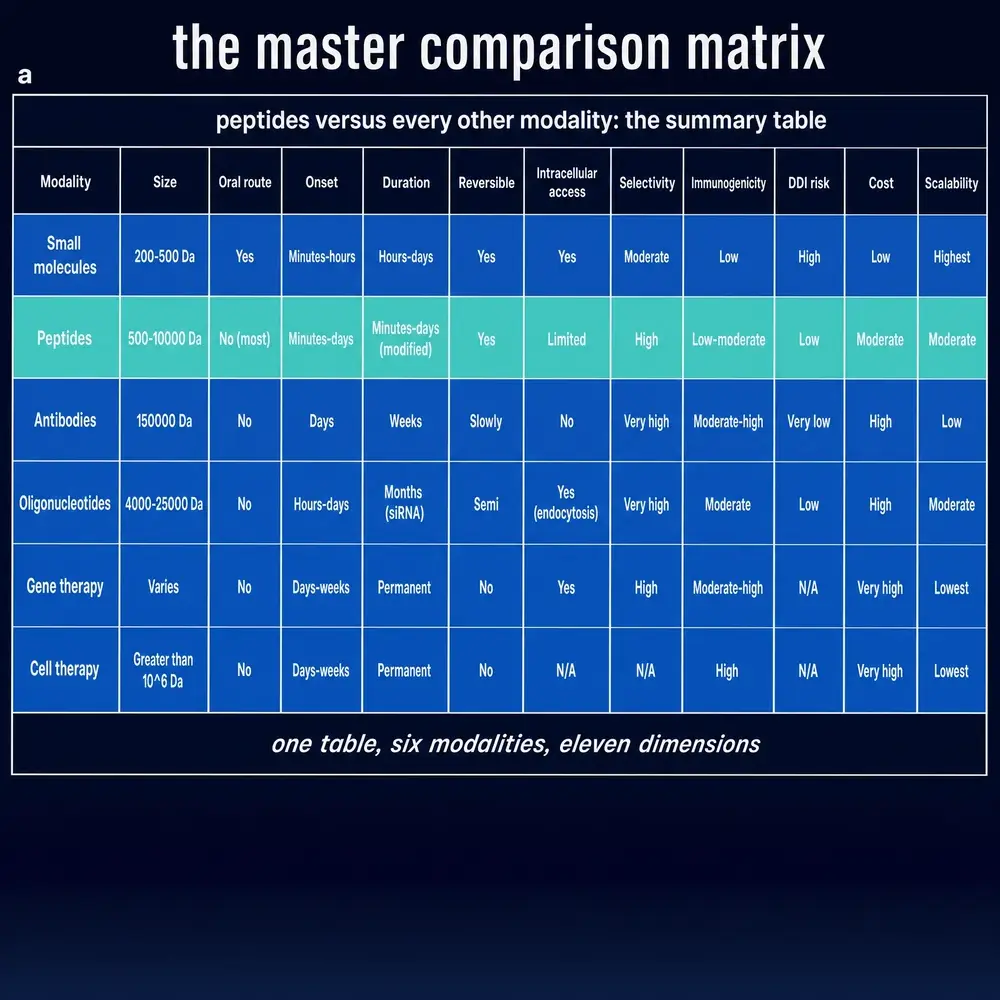 Master comparison matrix of six modalities across eleven dimensions