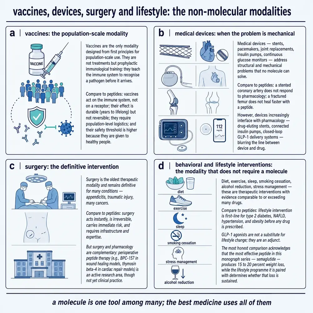 Vaccines, devices, surgery and lifestyle interventions compared with molecular modalities