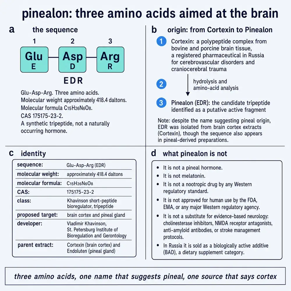 Pinealon identity: Glu-Asp-Arg sequence, Cortexin origin, identity card, and what it is not