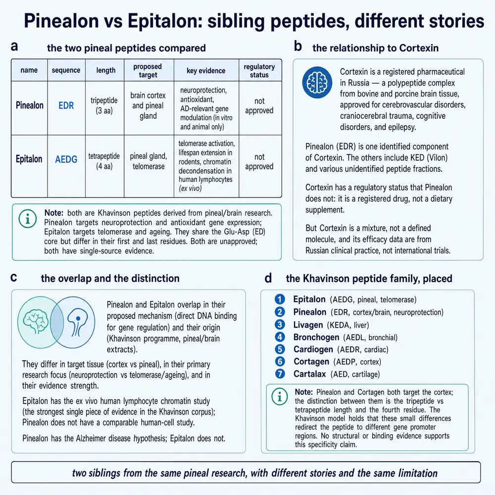 Pinealon versus Epitalon comparison, Cortexin relationship, and the Khavinson short-peptide family