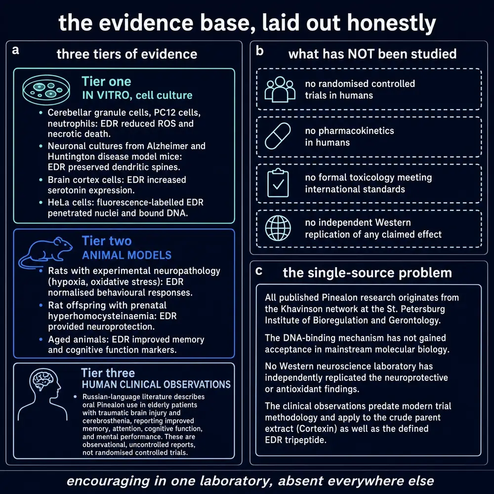 Evidence base for Pinealon: three tiers, missing studies, and the single-source problem