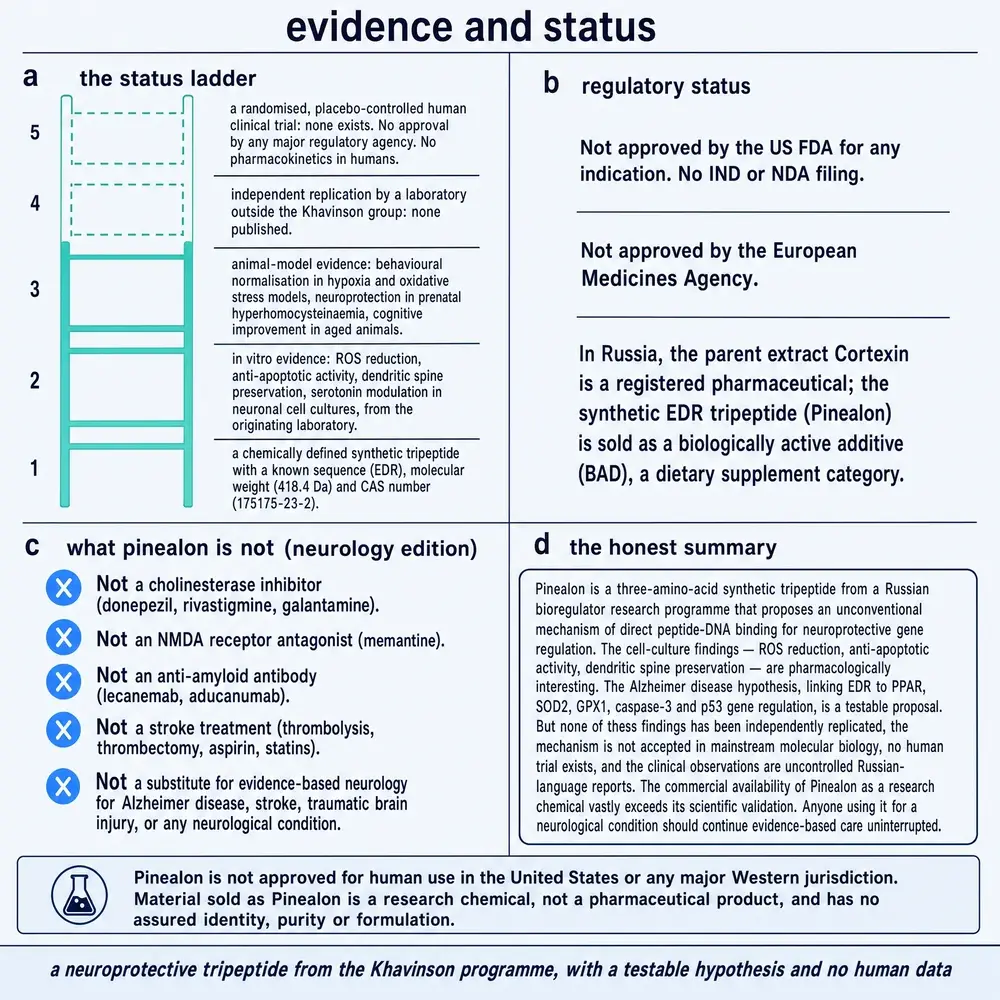 Pinealon status ladder, regulatory status, what it is not, and honest summary